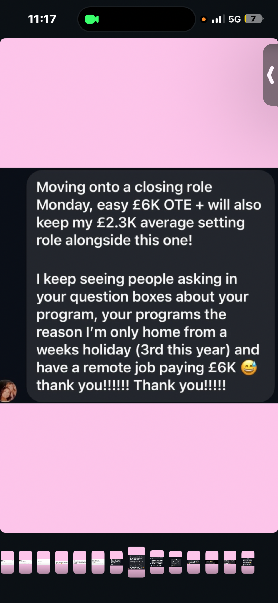 Original message from a former JTCoachingX student describing her progression from setting into closing